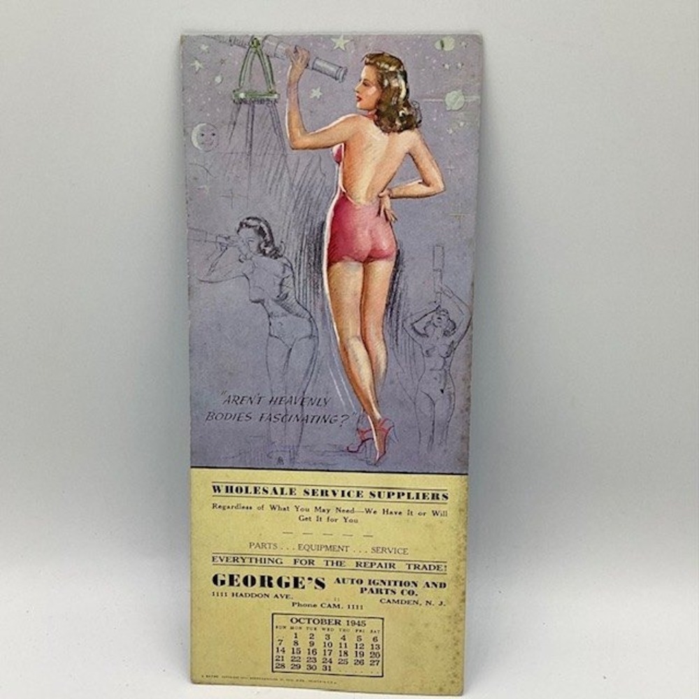 October 1945 George Automotive Ignition Parts Calendar Pinup Girl Astronomy 9"